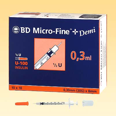BD Micro-Fine Insulinspritzen U-100 mit Kanülen, 0,3 ml, mit integrierter Kanüle 0,3 x 8 mm