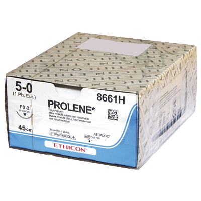 Ethicon Prolene 8681H, monofil, PS3, 5-0, Faden 45 cm, blau, 36 Stück