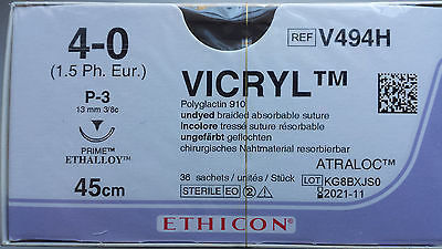 Nahtmaterial Ethicon Vicryl, V494H, ungef., geflochten, Multipass, USP 4/0, Fadenlänge 45cm